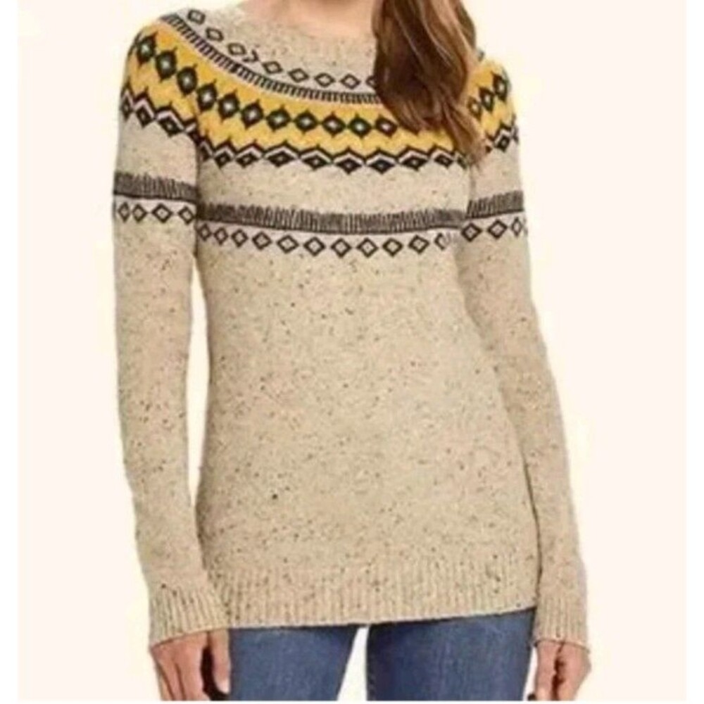 Weatherproof Vintage Fair Isle Sweater Sz M Oatmeal Yellow Navy Nordic Crewneck